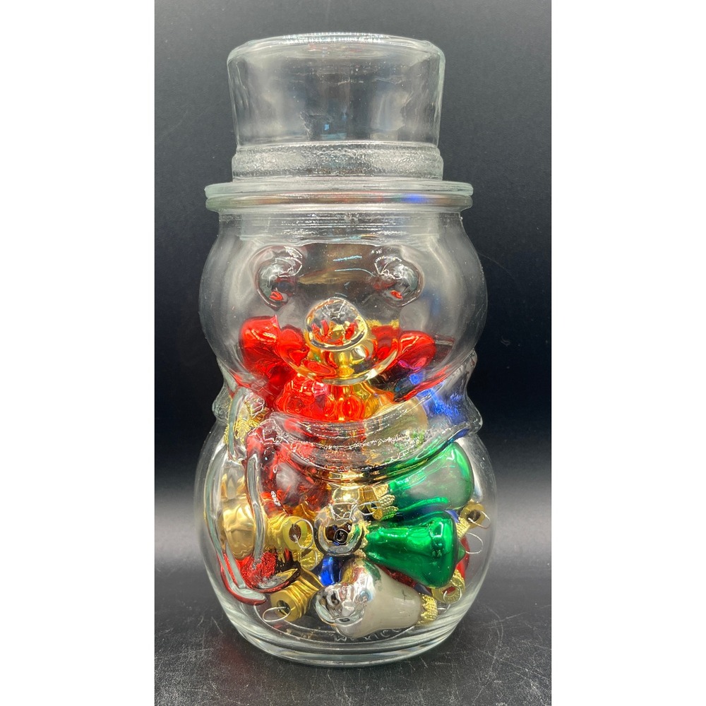 Clear Glass Snowman Jar Top Hat Lid 46 Mini Glass Light Bulb Ornaments 7.5"